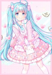 Rule 34 | 1girl, absurdres, bag, blue eyes, blue hair, border, bow, cardigan, closed mouth, collared dress, cone hair bun, crbbie, double bun, dress, english text, envelope, frilled dress, frills, hair bow, hair bun, hair ornament, hatsune miku, headband, headphones, highres, holding, holding envelope, jacket, knees together feet apart, long hair, long sleeves, looking at viewer, multicolored hair, necktie, patterned clothing, pink hair, ribbon, smile, solo, twintails, two-tone hair, very long hair, vocaloid, yume kawaii