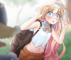 Rule 34 | 1girl, @ @, absurdres, ahoge, aqua eyes, armpits, backpack, bag, bare shoulders, blonde hair, blurry, blurry background, blurry foreground, blush, bow, bowtie, commentary, english commentary, hair ornament, hairclip, hands up, headband, highres, long hair, midriff, millie parfait, millie parfait (4th costume), momojii e, navel, nijisanji, nijisanji en, open mouth, shorts, sweat, very long hair, white headband