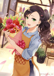 Rule 34 | 1girl, :d, apron, artist name, black hair, blue shirt, bouquet, chikabo m, day, florist, flower, green eyes, hair ornament, hairclip, holding, holding bouquet, indoors, looking at viewer, open mouth, original, plant, potted plant, shirt, smile, solo, standing