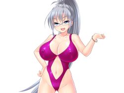 Rule 34 | 1girl, akagi rio, bare arms, bare legs, bare shoulders, blue eyes, breasts, cleavage, covered erect nipples, cowboy shot, eyebrows, game cg, glasses, grey hair, groin, hand on own hip, huge breasts, legs, long hair, looking at viewer, navel, open mouth, ponytail, simple background, smile, solo, standing, suzuki hildegard, swimsuit, tanetsuke kyoushitsu, thighs, white background