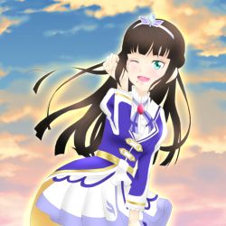 Rule 34 | 1girl, alternate hairstyle, aqua eyes, artist name, artist request, belt, black hair, blue dress, blue sky, blush, breasts, brightest melody, cloud, collared dress, day, dress, female focus, green eyes, hama (hamasan maru), kurosawa dia, long hair, long sleeves, looking at viewer, love live!, love live! sunshine!!, mole, mole under mouth, one eye closed, outdoors, parted lips, playing with own hair, puffy long sleeves, puffy sleeves, skirt, sky, small breasts, smile, solo, tiara, white detached collar, white skirt, yellow belt