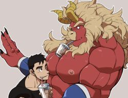 Rule 34 | 2boys, abs, bara, beard, between pectorals, biceps, black hair, blank eyes, bubble tea, bubble tea challenge, colored skin, cup, curled horns, disposable cup, dragon horns, drinking, drinking straw, face to pecs, facial hair, fingernails, forked eyebrows, furry, furry male, furry with non-furry, gardie (otsukimi), highres, horns, huge eyebrows, interspecies, kouhei (otsukimi), large hands, large pectorals, light blush, lion hair, long sideburns, male focus, multiple boys, muscular, muscular male, nipples, nude, object on pectorals, original, otsukimi, pectorals, red skin, sharp fingernails, shirt, short hair, sideburns, sideburns stubble, size difference, stubble, t-shirt, thick eyebrows, upper body, yaoi