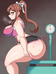 Rule 34 | 1girl, alternate costume, ass, bare shoulders, blush, booty shorts, breasts, brown hair, come hither, doki doki literature club, green eyes, hair ribbon, huge ass, jiggle, large breasts, long hair, looking at viewer, looking to the side, monika (doki doki literature club), motion lines, ponytail, ribbon, short shorts, shorts, sideboob, smile, solo, sports bra, sweat, thick thighs, thighs, ytrall