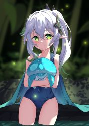 Rule 34 | 1girl, absurdres, bare shoulders, cocoablue23, cowboy shot, elf, fungi (genshin impact), genshin impact, green eyes, hair ornament, highres, hug, looking at viewer, nahida (genshin impact), old school swimsuit, pointy ears, school swimsuit, side ponytail, smile, solo, swimsuit, symbol-shaped pupils, thighs, wet, white hair