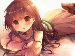 Rule 34 | 10s, 1girl, :o, bed sheet, blush, boots, brown eyes, brown footwear, brown hair, grey skirt, kantai collection, legs up, long hair, long sleeves, looking at viewer, lying, nanahamu, neckerchief, on stomach, ooi (kancolle), open mouth, school uniform, serafuku, shirt, shoe soles, simple background, skirt, solo, tareme, white background, white neckerchief, white shirt