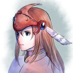 Rule 34 | 1girl, blue eyes, brown hair, closed mouth, commentary request, elmina niet, feathers, helmet, highres, kiroku nanaki (52+2), lady harken, long hair, simple background, solo, wild arms, wild arms 1