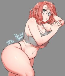 Rule 34 | 1girl, 2020, agawa ryou, artist name, belly, black-framed eyewear, breast press, breasts, commentary, dated, glasses, green eyes, grey background, large breasts, leg lift, looking at viewer, lying, midriff, navel, on side, original, parted lips, plump, red hair, short hair, signature, simple background, solo, thick thighs, thighs