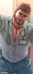 Rule 34 | 1boy, absurdres, bara, beard stubble, brown hair, bulge, cowboy shot, denim, facial hair, highres, id card, jeans, kabedon on viewer, large pectorals, light blush, male focus, mature male, medium sideburns, mouth hold, muscular, muscular male, mustache stubble, necktie, onionworkshop, original, outstretched arms, paid reward available, pants, partially unbuttoned, pectoral cleavage, pectorals, see-through, shirt, short hair, solo, stubble, sweat, undone necktie, very sweaty, wet, wet clothes, wet shirt