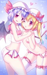 Rule 34 | 2017, 2girls, :d, artist name, ass, bandaid, bandaids on nipples, baozishark, bare arms, bare shoulders, bat wings, black wings, blonde hair, blush, bow, bow legwear, breasts, camisole, collarbone, cowboy shot, crystal, dated, fang, flandre scarlet, frilled legwear, frills, from side, garter straps, hair between eyes, hands up, hat, hat bow, heart, highres, holding hands, index finger raised, interlocked fingers, leg up, light purple hair, looking at viewer, mob cap, multiple girls, one eye closed, open mouth, panties, pasties, pink bow, pointy ears, red eyes, remilia scarlet, short hair, siblings, side ponytail, sisters, small breasts, smile, spaghetti strap, spread wings, standing, standing on one leg, thighhighs, topless, touhou, underwear, underwear only, white hat, white legwear, white panties, wings
