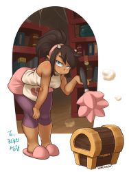 Rule 34 | 1girl, apron, bare shoulders, bent over, black hair, blue eyes, breasts, capri pants, cleaning, dark skin, dark-skinned female, dofus, duster, hairband, hand on own knee, horns, library, long hair, looking at viewer, maid, maid apron, nestkeeper, osamodas, pants, pointy ears, ponytail, simone (dofus), slippers, solo, treasure chest