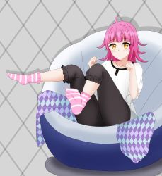 Rule 34 | 1girl, absurdres, animal print, artist name, artist request, black bow, black pants, blunt bangs, blush, bow, breasts, brown eyes, buttons, cat print, chair, collarbone, emotive signals (love live!), female focus, flat chest, full body, grey background, highres, knees up, leg up, looking at viewer, love live!, love live! nijigasaki high school idol club, love live! school idol festival, love live! school idol festival all stars, on chair, pants, parted lips, paw pose, pink hair, puffy short sleeves, puffy sleeves, shirt, short hair, short sleeves, sitting, small breasts, smile, socks, solo, tennoji rina, white shirt, yellow eyes