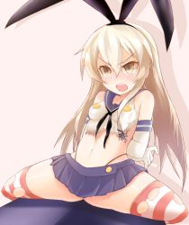 Rule 34 | 10s, 1girl, arms behind back, bad id, bad pixiv id, blonde hair, blush, breasts, elbow gloves, gloves, hairband, highleg, kantai collection, long hair, open mouth, shimakaze (kancolle), simple background, skirt, small breasts, solo, spread legs, striped clothes, striped thighhighs, thighhighs, torn clothes, white gloves, yellow eyes, yoosai