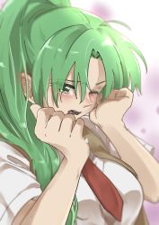Rule 34 | 1girl, absurdres, ahoge, blush, breasts, brown vest, gradient background, green eyes, green hair, highres, higurashi no naku koro ni, kayo1102, large breasts, long hair, necktie, one eye closed, open mouth, ponytail, purple background, red necktie, solo, sonozaki mion, teeth, upper body, vest, white background, wiping face