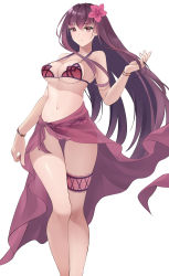 Rule 34 | 1girl, absurdres, bare legs, bikini, bracelet, breasts, clark (159123), cropped legs, fate/grand order, fate (series), flower, hair flower, hair ornament, hibiscus, highres, jewelry, large breasts, legs, long hair, looking at viewer, purple bikini, purple eyes, purple hair, sarong, scathach (fate), scathach (fate), scathach (swimsuit assassin) (fate), simple background, smile, solo, standing, swimsuit, thighlet, underboob, white background