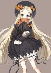 Rule 34 | 1girl, abigail williams (fate), bad id, bad pixiv id, black bow, black dress, black hat, blonde hair, bloomers, blue eyes, blush, bow, brown background, bug, butterfly, commentary request, covered mouth, dress, fate/grand order, fate (series), hair bow, hands in opposite sleeves, haruri, hat, head tilt, highres, hugging object, insect, long hair, long sleeves, looking at viewer, orange bow, parted bangs, polka dot, polka dot bow, signature, simple background, solo, stuffed animal, stuffed toy, teddy bear, underwear, very long hair, white bloomers