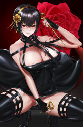 Rule 34 | 1girl, absurdres, ahoge, areola slip, black dress, black gloves, blush, breasts, collarbone, covered navel, dagger, dress, dual wielding, fingerless gloves, flower, gloves, gold hairband, hair flower, hair ornament, hairband, highres, holding, holding weapon, knife, large breasts, looking at viewer, mole, mole under mouth, no bra, panties, parted lips, skin tight, solo, spread legs, spy x family, squatting, stiletto (weapon), underwear, weapon, white panties, yor briar, ytoy