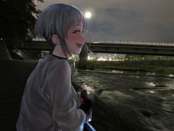 Rule 34 | 1girl, blush, grey background, kilye kairi, looking at viewer, looking to the side, open mouth, original, outdoors, photo background, river, short hair, sidelocks, silver hair, sky, smile, solo, standing, tree, water