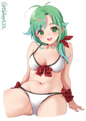 Rule 34 | 1girl, ahoge, alternate costume, antenna hair, bikini, blush, breasts, collarbone, cropped legs, ebifurya, front-tie bikini top, front-tie top, green eyes, green hair, hair ribbon, highres, kantai collection, long hair, looking at viewer, matsu (kancolle), medium breasts, navel, open mouth, ribbon, simple background, sitting, smile, solo, stomach, swimsuit, twitter username, white background, white bikini