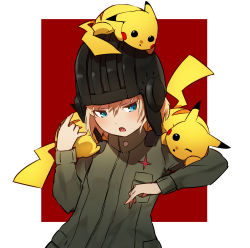 Rule 34 | 10s, 1girl, animal, animal on head, animal on shoulder, blonde hair, blue eyes, commentary, creatures (company), emblem, fang, game freak, gen 1 pokemon, girls und panzer, green jumpsuit, helmet, highres, jumpsuit, katyusha (girls und panzer), long sleeves, looking at another, military, military uniform, nintendo, on head, open mouth, orihika, outside border, pikachu, pokemon, pokemon (creature), pokemon on head, pravda military uniform, red background, short hair, short jumpsuit, standing, tank helmet, uniform, upper body