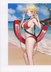 Rule 34 | 1girl, absurdres, ahoge, ame (uten cancel), ass, beach, bikini, blonde hair, blue eyes, blue sky, blurry, blurry background, breasts, cleavage, cloud, cloudy sky, day, double v, from side, hachimiya meguru, hair ornament, hairclip, hands up, highres, holding, idolmaster, idolmaster shiny colors, large breasts, lifeguard, long hair, looking at viewer, ocean, one eye closed, outdoors, parted lips, red bikini, scan, shiny skin, shore, simple background, sky, smile, solo, swimsuit, thighs, v, water