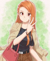 Rule 34 | 1girl, bag, belt, belt buckle, black belt, black shirt, blush, bracelet, breasts, brown hair, brown jacket, brown pants, buckle, casual, closed mouth, clothes writing, commentary, cowboy shot, earrings, green background, hair strand, hand up, handbag, heart, holding, holding bag, idolmaster, idolmaster (classic), idolmaster million live!, idolmaster million live! theater days, jacket, jacket on shoulders, jewelry, light blush, long hair, long sleeves, looking at viewer, medium breasts, minase iori, open clothes, open jacket, pants, paper texture, red bag, red eyes, shirt, short sleeves, smile, solo, swept bangs, t-shirt, w, yuki p