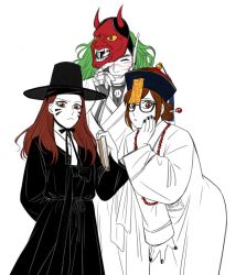 Rule 34 | 1boy, 2girls, beads, book, brown eyes, brown hair, chinese clothes, d.va (overwatch), gat (korean traditional hat), genji (overwatch), glasses, green hair, hair bun, hair ornament, hair stick, hat, japanese clothes, jiangshi, korean clothes, korean traditional hat, long hair, looking at viewer, m mim, mei (overwatch), multiple girls, ofuda, oni, overwatch, overwatch 1, partially colored, simple background, single hair bun, smile, white background