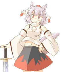Rule 34 | 1girl, animal ear fluff, animal ears, arnest, black skirt, blush stickers, commentary, detached sleeves, grey hair, hand on own hip, inubashiri momiji, looking at viewer, midriff peek, navel, pom pom (clothes), red eyes, red skirt, sarashi, shirt, short hair, simple background, skirt, solo, sword, tail, touhou, weapon, white background, white shirt, wolf ears, wolf tail