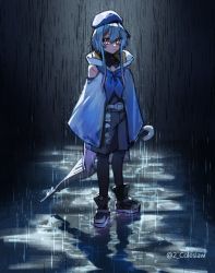 Rule 34 | 1boy, arknights, black footwear, black pantyhose, black shorts, blue hat, blue jacket, blue neckerchief, boots, closed umbrella, commentary request, expressionless, full body, hat, highres, holding, holding umbrella, jacket, long hair, looking at viewer, male focus, mirin chikuwa, mizuki (arknights), neckerchief, pantyhose, pantyhose under shorts, rain, red eyes, shorts, sidelocks, solo, standing, twitter username, umbrella, very long hair, water, wet