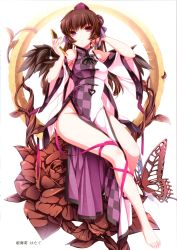 Rule 34 | 1girl, alternate costume, alternate hairstyle, bare legs, bare shoulders, barefoot, black wings, breasts, brown hair, bug, butterfly, cellphone, china dress, chinese clothes, dress, flower, hair bun, hat, highres, himekaidou hatate, insect, long hair, mini wings, monety, no panties, phone, plant, purple eyes, scan, single hair bun, sitting, solo, source request, tokin hat, touhou, twintails, vines, wings