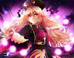 Rule 34 | 1girl, blonde hair, danmaku, dress, gradient background, grin, hat, highres, invidiata, junko (touhou), long hair, long sleeves, outstretched arm, red eyes, sash, smile, solo, tabard, touhou, wide sleeves