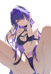 Rule 34 | 1girl, absurdres, acheron (honkai: star rail), bare arms, bare shoulders, bikini, black bikini, blhazx, breasts, cleavage, commentary request, hair ornament, hair over one eye, highres, honkai: star rail, honkai (series), long hair, looking at viewer, medium breasts, navel, pubic tattoo, purple eyes, purple hair, simple background, solo, squatting, stomach, swimsuit, tattoo, thigh strap, thighs, very long hair, white background