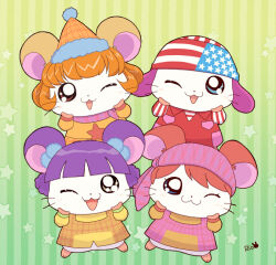 Rule 34 | 4girls, ;3, ai~n (hamtaro), american flag, american flag print, animal ear fluff, apron, bandana, blue eyes, brown eyes, dot nose, fangs, flag print, furry, furry female, good (hamtaro), hamster, hamtaro (series), hands on own cheeks, hands on own face, hat, light blush, long sleeves, merica (hamtaro), multiple girls, no humans, nonno (hamtaro), one eye closed, open mouth, orange hair, party hat, purple eyes, rio (rio0v0o), signature, star (symbol), striped, striped background, whiskers, white fur