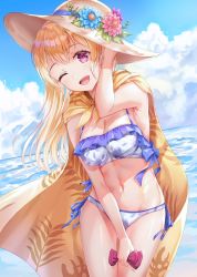 Rule 34 | 1girl, ;d, arm up, armpits, bad id, bad pixiv id, bang dream!, bare arms, bare shoulders, bikini, blonde hair, blue bikini, blue flower, blue ribbon, blue sky, blush, breasts, brown cape, brown hat, cape, cleavage, cloud, cloudy sky, commentary request, cowboy shot, day, floral print, flower, frilled bikini, frills, hair between eyes, hat, hat flower, highres, holding, horizon, long hair, looking at viewer, lunacle, medium breasts, navel, ocean, one eye closed, open mouth, outdoors, pink flower, print bikini, purple eyes, ribbon, shirasagi chisato, side-tie bikini bottom, sky, smile, solo, stomach, sun hat, swimsuit, very long hair, water, yellow cape