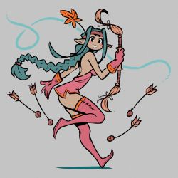 Rule 34 | 1girl, akairiot, aqua hair, arrow (projectile), black eyes, blush, boots, bow (weapon), dress, full body, gloves, grey background, highres, holding, holding bow (weapon), holding weapon, leg up, long hair, looking at viewer, microdress, original, parted lips, pink dress, pink gloves, pink thighhighs, pointy ears, shadow, sidelocks, simple background, smile, solo, standing, thigh boots, thighhighs, very long hair, weapon