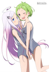 Rule 34 | 2girls, absurdres, ahoge, arsnotoria, blue eyes, blush, female focus, gradient hair, green hair, grey one-piece swimsuit, hair ornament, highres, holding hands, interlocked fingers, long hair, megami magazine, mell (arsnotoria), multicolored hair, multiple girls, one-piece swimsuit, one eye closed, open mouth, short hair, simple background, swimsuit, symbol-shaped pupils, very long hair, warau arsnotoria, white background