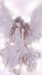 Rule 34 | 10s, 1girl, angel, angel wings, bad id, bad pixiv id, barefoot, black hair, bluez, chitanda eru, clothes lift, dress, dress lift, closed eyes, highres, hyouka, long hair, solo, white theme, white wings, wings