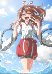Rule 34 | 1girl, absurdres, blue sky, brown eyes, brown hair, cloud, cowboy shot, day, double v, hakama, hakama shorts, high ponytail, highres, japanese clothes, kantai collection, long hair, looking at viewer, open mouth, outdoors, red shorts, shorts, sky, smile, solo, sosorin, v, wading, wide sleeves, zuihou (kancolle)
