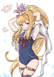 Rule 34 | 1girl, blonde hair, breasts, cagliostro (granblue fantasy), granblue fantasy, hairband, kiikii (kitsukedokoro), long hair, looking at viewer, open mouth, purple eyes, simple background, small breasts, smile, solo, swimsuit, thighhighs, vyrn (granblue fantasy)