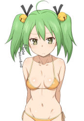 Rule 34 | 10s, 1girl, ahoge, arms behind back, bare shoulders, bell, bikini, breasts, collarbone, female focus, gj-bu, green eyes, green hair, groin, hair bell, hair ornament, hair ribbon, jingle bell, kannazuki tamaki, long hair, looking at viewer, matching hair/eyes, navel, ribbon, side-tie bikini bottom, simple background, solo, standing, swimsuit, tenchisouha, text focus, translated, twintails, white background