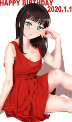 Rule 34 | 10s, 1girl, artist name, artist request, bare shoulders, black hair, dress, female focus, green eyes, highres, jyon, kurosawa dia, long hair, looking at viewer, love live!, love live! sunshine!!, mole, mole under mouth, parted lips, red dress, simple background, solo, white background