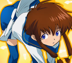 Rule 34 | 1girl, angelic layer, bent over, blue eyes, blue thighhighs, brown hair, clothes lift, female focus, from above, gradient background, hair tubes, haruyama kazunori, sailor collar, school uniform, short hair with long locks, shorts, sidelocks, skirt, skirt lift, solo, suzuhara misaki, thighhighs, uniform, zettai ryouiki
