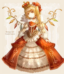 Rule 34 | 1girl, adapted costume, alternate costume, bad id, bad pixiv id, beige background, blonde hair, character name, choker, corset, crown, crystal, dress, english text, flandre scarlet, flower, formal, framed, frilled choker, frilled ribbon, frilled skirt, frills, full body, gown, hair ribbon, head tilt, headdress, keiko (mitakarawa), layered clothes, long sleeves, looking at viewer, orange eyes, overskirt, pink background, puffy long sleeves, puffy sleeves, red dress, red flower, red ribbon, red rose, ribbon, rose, side ponytail, skirt, smile, solo, standing, touhou, white skirt, wings, yellow eyes