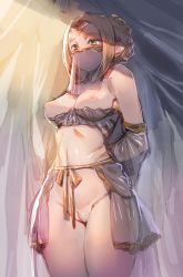 Rule 34 | 1girl, arabian clothes, blonde hair, bow (bhp), braid, breasts, breasts out, cleft of venus, closed mouth, detached sleeves, fat mons, french braid, green eyes, medium breasts, mouth veil, nipples, original, pointy ears, pussy, see-through, shiny skin, standing, uncensored, veil