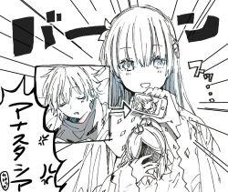 Rule 34 | 1boy, 1girl, :d, anastasia (fate), anger vein, arrow (symbol), blush, cellphone, cloak, closed eyes, crown, dress, emphasis lines, fate/grand order, fate (series), greyscale, hair between eyes, hair ribbon, hairband, hand up, holding, holding phone, kadoc zemlupus, looking at viewer, mini crown, monochrome, open mouth, parted lips, phone, ribbon, shirt, sleeping, smartphone, smile, sofra, solo focus, translation request