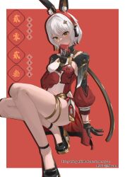 Rule 34 | 1girl, absurdres, animal ears, black gloves, bracelet, breasts, chinese clothes, commentary request, dress, english text, fake animal ears, gloves, grey hair, hair ornament, hairclip, headphones, high heels, highres, jewelry, karenina: scire (punishing: gray raven), karenina (punishing: gray raven), mechanical hands, medium hair, nocon, orange eyes, pixiv username, punishing: gray raven, rabbit ears, red dress, single mechanical hand, small breasts, solo, translation request, two-tone dress, white dress