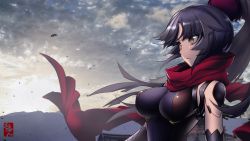 Rule 34 | 1girl, android, arikanrobo, backlighting, bare shoulders, black hair, breasts, building, cloud, cloudy sky, commentary request, day, fate/grand order, fate (series), high ponytail, highres, impossible clothes, joints, katou danzou (fate), large breasts, long hair, looking afar, outdoors, parted bangs, red scarf, robot joints, scarf, serious, sky, solo, sunlight, tsurime, upper body, yellow eyes