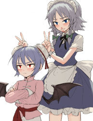 Rule 34 | 2girls, alternate costume, apron, bat wings, black ribbon, blood, blue eyes, blue hair, blush, bow, braid, bun cover, chinese clothes, crossed arms, double bun, double v, fkey, frown, green bow, hair bow, izayoi sakuya, long sleeves, maid headdress, multiple girls, neck ribbon, nosebleed, red eyes, remilia scarlet, ribbon, simple background, touhou, twin braids, v, v-shaped eyebrows, waist apron, white background, wings, wrist cuffs