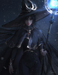 Rule 34 | 1girl, absurdres, black cape, black dress, black hair, black nails, black shawl, brooch, cape, commentary, crescent, dress, earrings, gem, gold trim, groin, hat, highres, holding, holding staff, jewelry, looking at viewer, looking down, mage staff, messy hair, mole, mole under mouth, moon (ornament), nail polish, nixeu, original, red eyes, red gemstone, shawl, signature, silver trim, snowing, solo, staff, standing, witch, witch hat