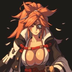 Rule 34 | 1girl, amputee, baiken, breasts, cleavage, eyepatch, facial tattoo, guilty gear, guilty gear xrd, high collar, high ponytail, highres, japanese clothes, kataginu, katana, kimono, large breasts, long hair, looking at viewer, obi, one-eyed, open clothes, open kimono, pepper0, petals, pink hair, ponytail, red eyes, samurai, sash, scar, scar across eye, scar on face, sheath, solo, sword, tattoo, weapon