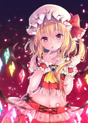Rule 34 | 1girl, ascot, black background, blonde hair, blush, bow, brooch, commentary request, crop top, crystal, flandre scarlet, gradient background, hair between eyes, hands up, hat, hat bow, holding, holding own hair, jewelry, light particles, long hair, midriff, mob cap, nail polish, navel, nemuri nemu, one side up, puffy short sleeves, puffy sleeves, red background, red bow, red eyes, red nails, red skirt, red vest, shirt, short sleeves, skirt, skirt set, solo, touhou, upper body, vest, white hat, white shirt, wings, wrist cuffs, yellow ascot